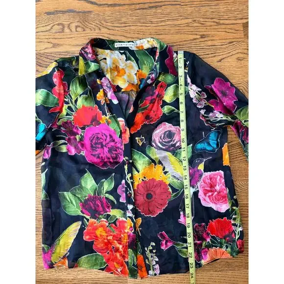 Alice + Olivia Women's Eloise Floral Silk Button Down Blouse Sheer L - Picture 6 of 8